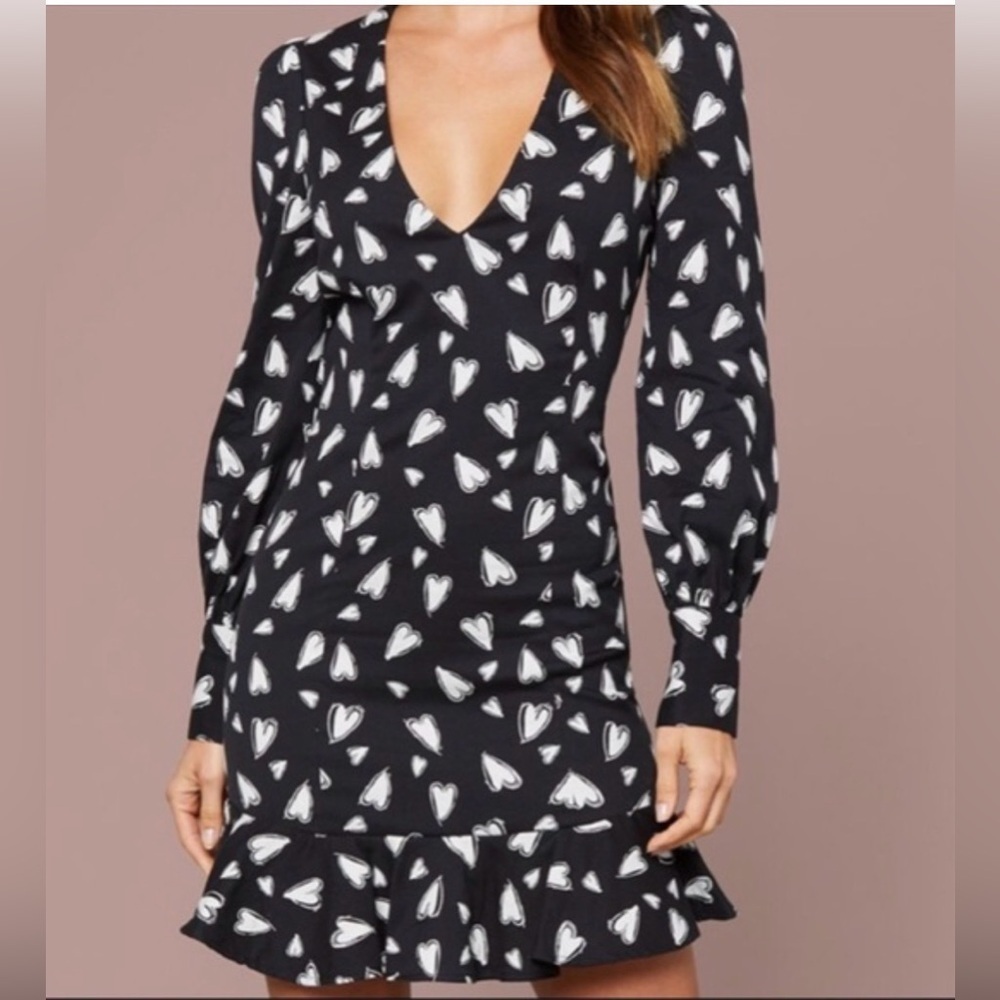 Bebe NWT Black and White Heart Jacquard Long-sleeve Mini Backless Ruffle Dress